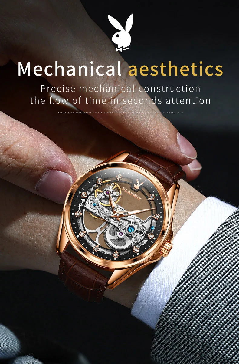 Stainless Steel Hollow Out Automatic Mechanical Watch with Luminous Leather Strap for Men