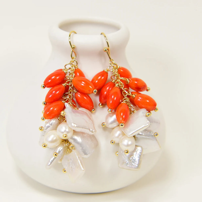 Sterling Silver Natural White Cultured Keshi Pearl and Orange Rice Coral Hook Earrings For Women