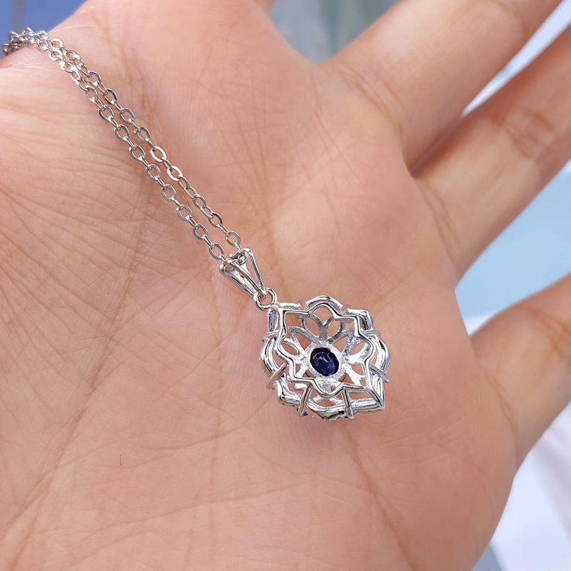 925 Sterling Silver Sapphire Flower Pendant Necklace for Women