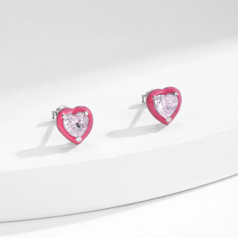 925 Sterling Silver Pink Enamel Heart Crushed Ice Zircon Stud Earrings for Women