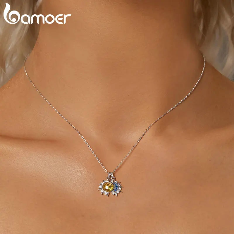 925 Sterling Silver White Gold Plated Sun and Moon Pendant Necklace for Women