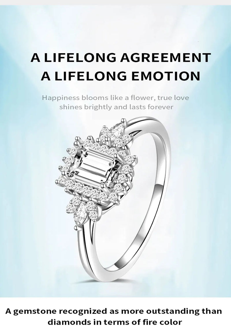 Sterling Silver Moissanite Emerald Cut Flower Engagement Wedding Ring. for Women.