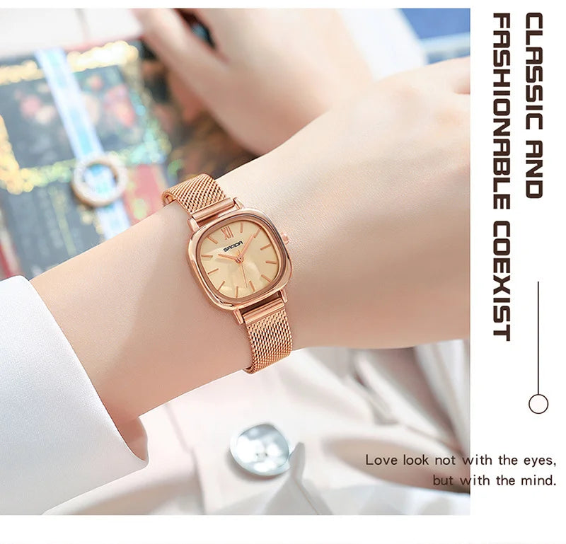 Stainless Steel Leather Mesh Quartz Watch for Women