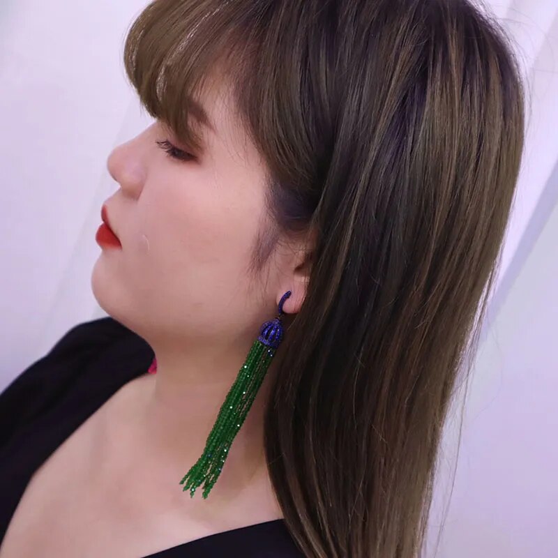 925 Sterling Silver Green and Pink Stone Beaded Tassel Earrings for Women