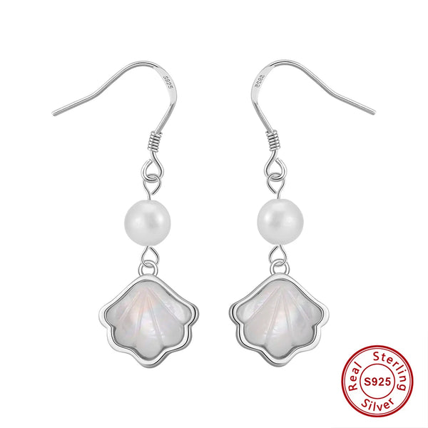 925 Sterling Silver Shell Shape Needle Pearls Earrings for Women
