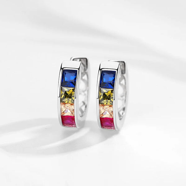 925 Sterling Silver Multicolor Square Zircon Hoop Earrings for Women