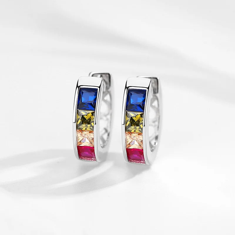 925 Sterling Silver Multicolor Square Zircon Hoop Earrings for Women