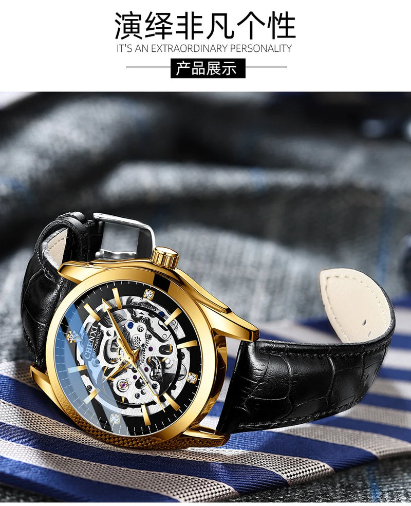 Stainless Steel Leather Strap Automatic Skeleton Luminous Waterproof Watch for Men