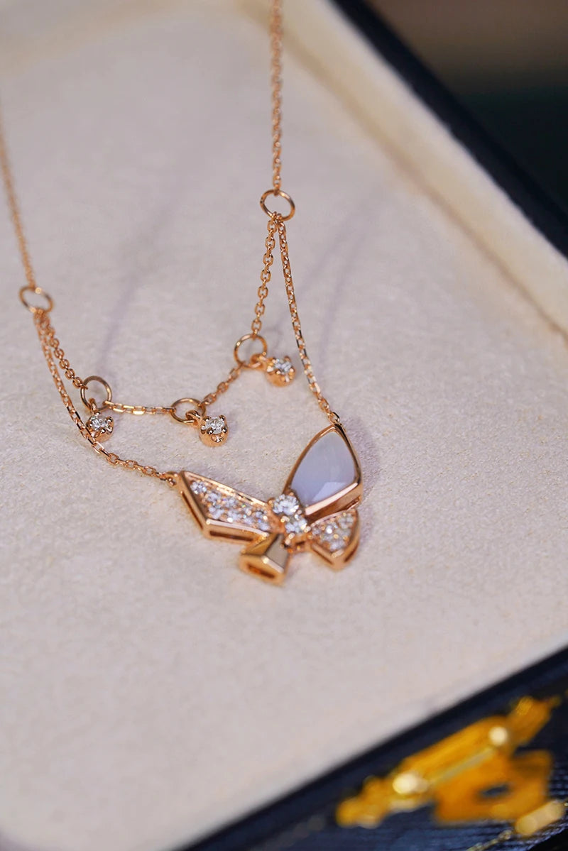 18K Rose Gold 0.30ct Natural Diamond Butterfly Pendant Necklace for Women