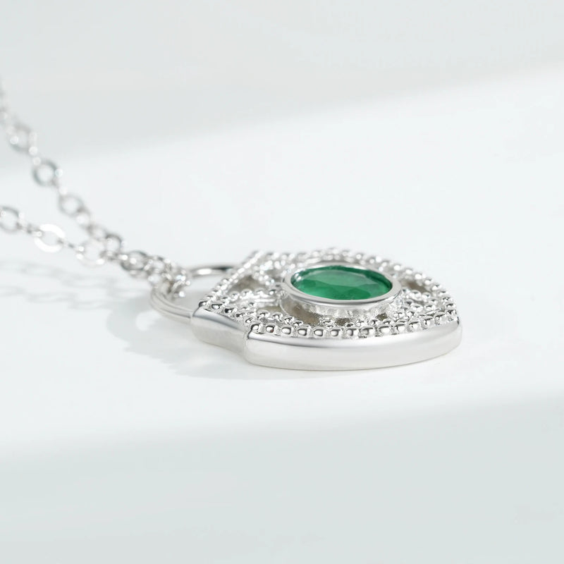 Sterling Silver Lock Shield Pendant with Green Emerald Inlay for Women