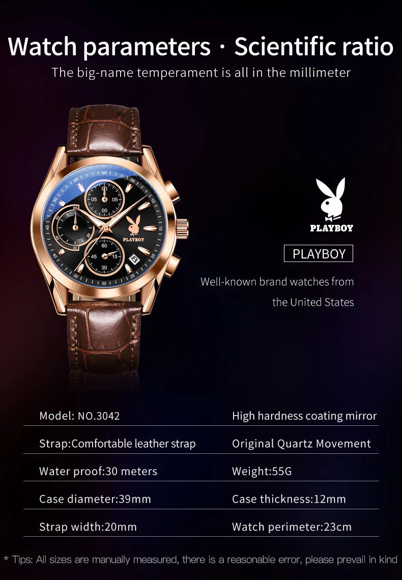 Stainless Steel Leather Strap Chronograph Luminous Quartz Watch for Men