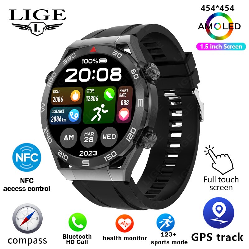 GPS Smart Watch with Voice Calling, NFC, Compass, IP68 Waterproof, ECG+PPG For Men.