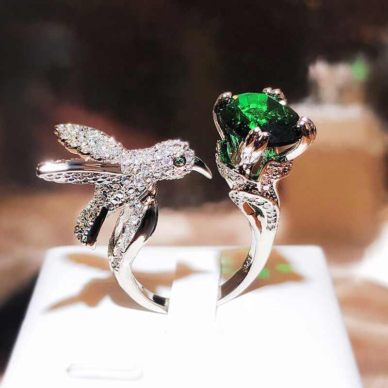 Sterling Silver Simulation Santa Maria Green Oval Hummingbird Ring for Her