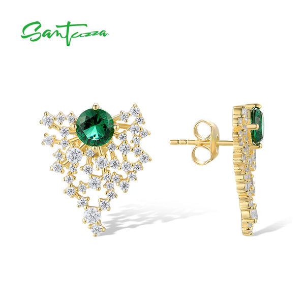 Sterling Silver Stud Earrings with Green Cubic Zirconia