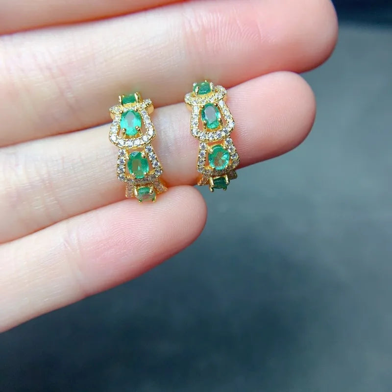 Sterling Silver Natural Emerald Diamond Earrings for Women