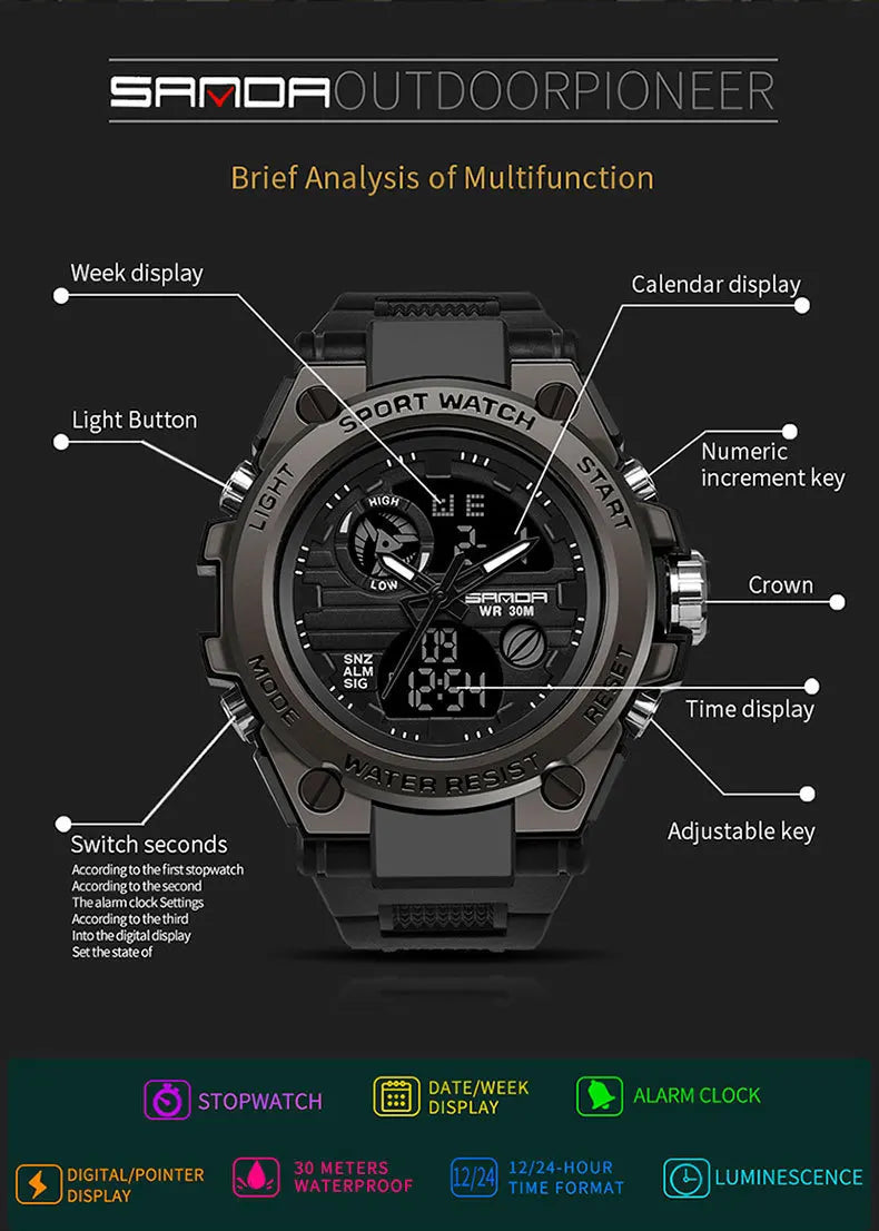 Stainless Steel Fashion Digital Watch with Backlit, Alarm, Stopwatch, and Timer for Men