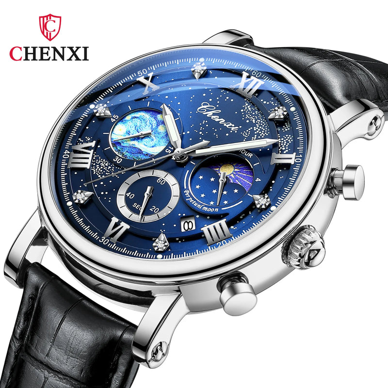 Stainless Steel Sun Stars & Moon Phase Quartz Watch for Men