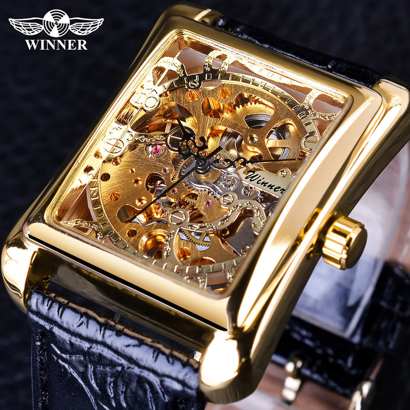 Golden Rectangle Dial Hollow Skeleton Mechanical Watch for Men