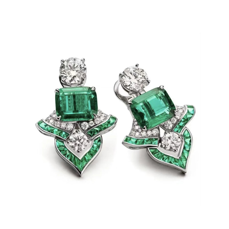 Sterling Silver Emerald High Carbon Diamonds Gemstone Earrings