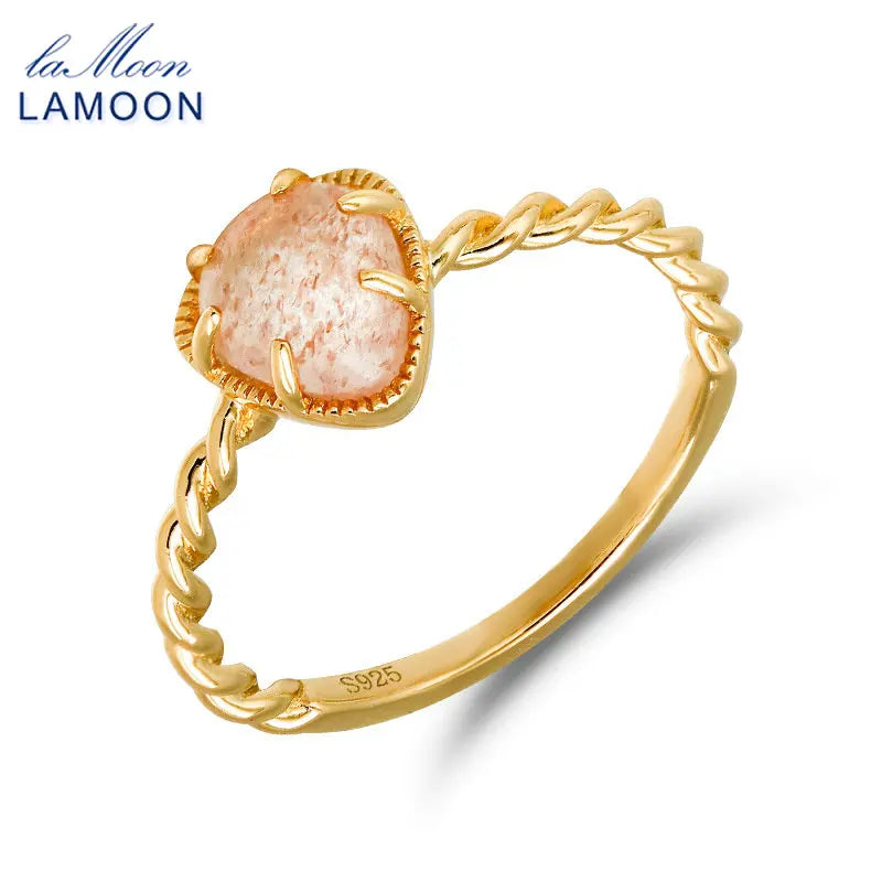 925 Sterling Silver Gold Plated Natural Strawberry Quartz Ring for Women