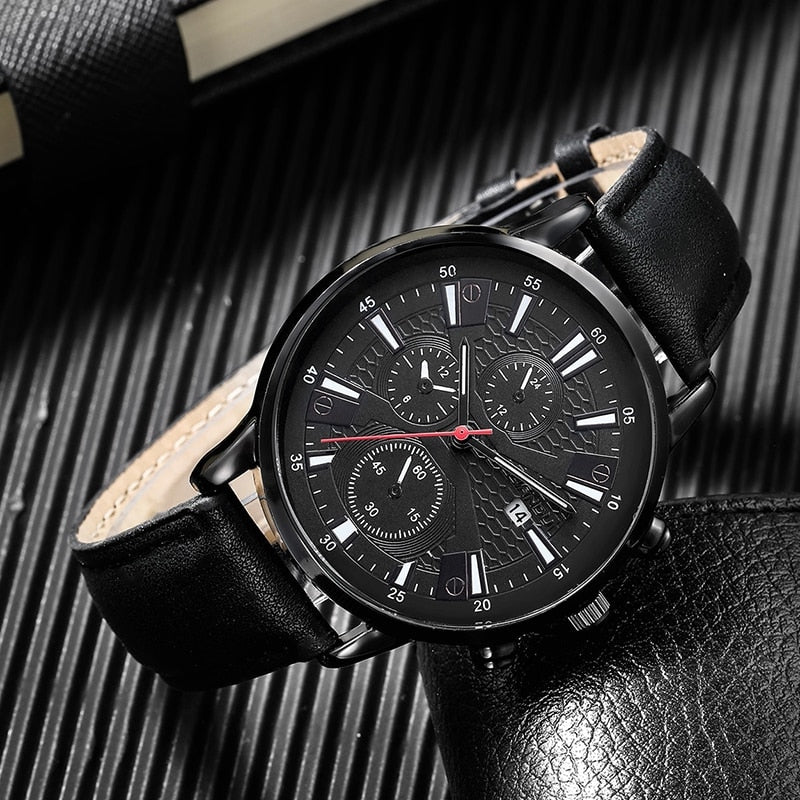 Stainless Steel Round Quartz Watch with PU Leather Bracelet for Men