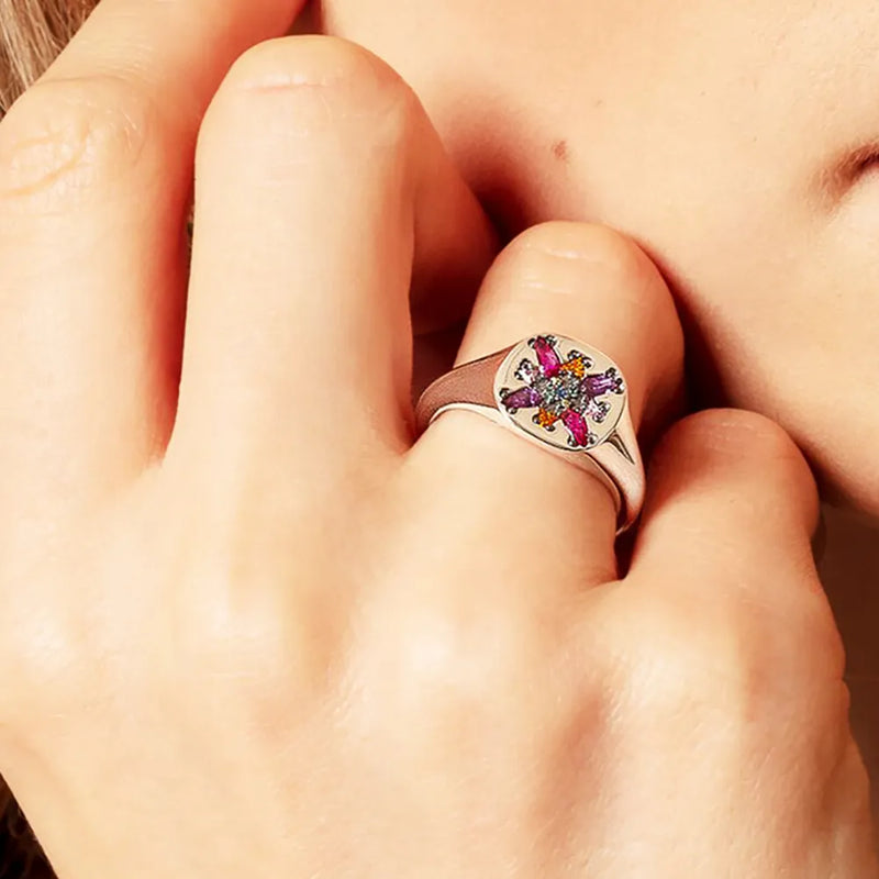 925 Sterling Silver Colorful Stone Flower Ring for Women