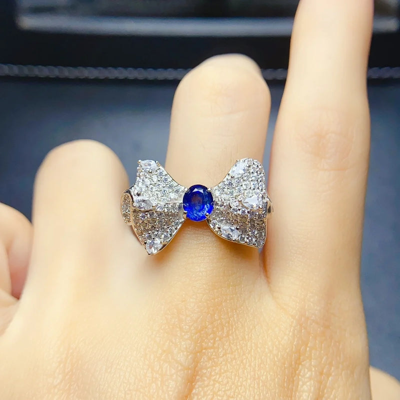 Sterling Silver Natural Sapphire Zircon Bow Ring for Women