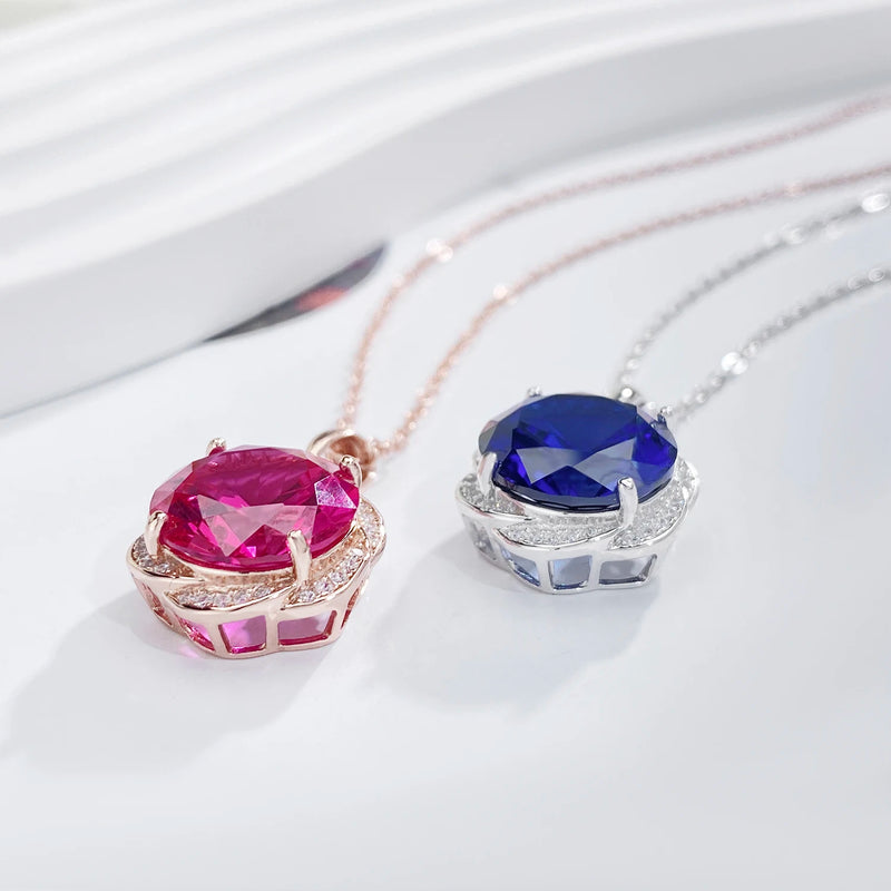 925 Sterling Silver Blue Red Corundum Flower Necklace for Women