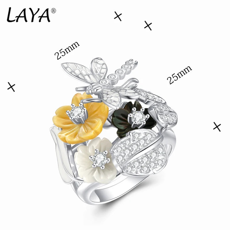 Sterling Silver Black Yellow Shell Flower Ring with White Zircon for Women