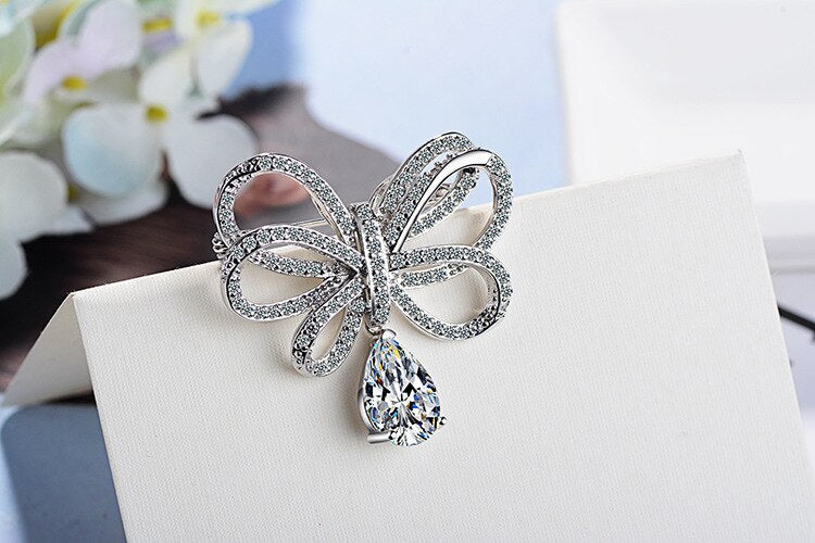 S925 Sterling Silver CZ Crystal Cute Bowknot Brooche for Women