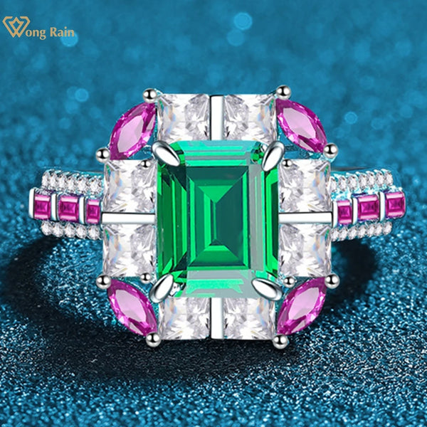 Sterling Silver 7*9 mm Emerald High Carbon Diamond Gemstone Ring for Women