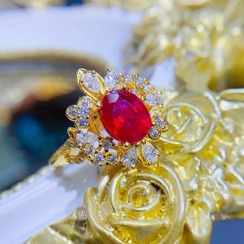 925 Sterling Silver 18K Yellow Gold Pigeon Blood Ruby Ring for Women