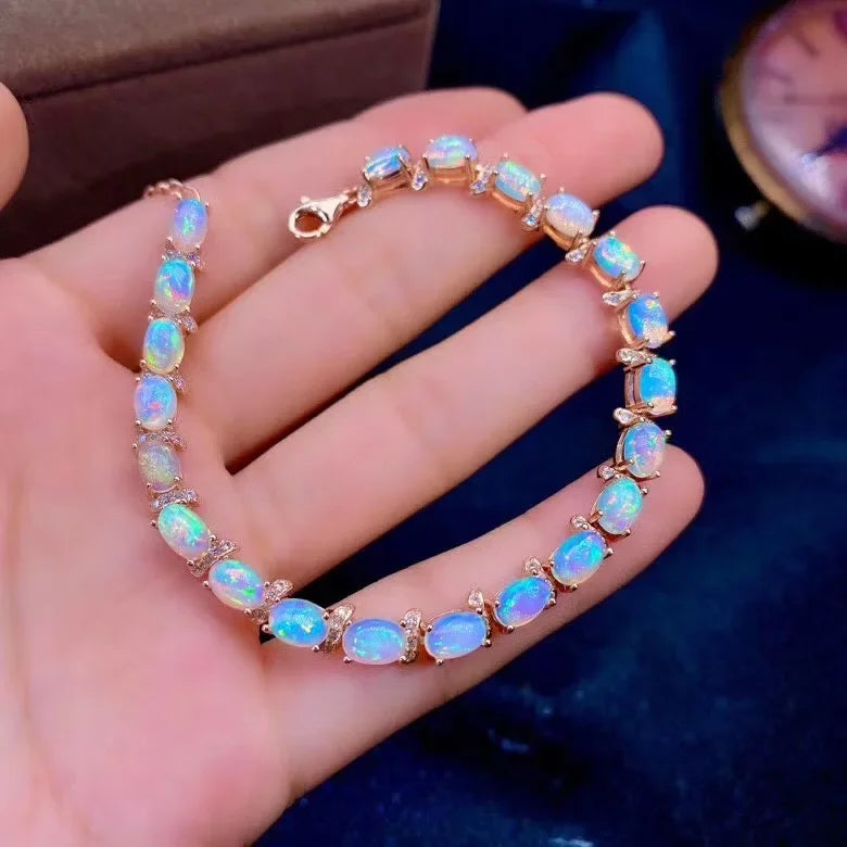 925 Silver Gold Plated Natural Opal Bracelet for Women