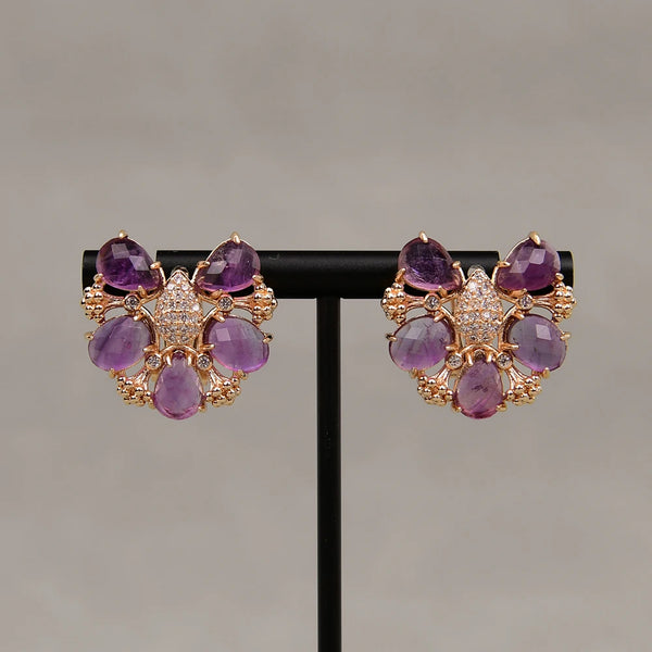 Gold Plated Amethyst Quartz Facetted Zircon Stud Earrings for Women