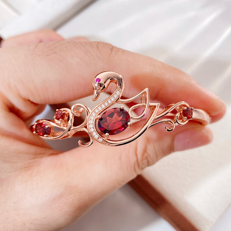 18K Rose Gold Plated Hollow Out Swan Animal Bangles with Red Garnet Gemstone for Women