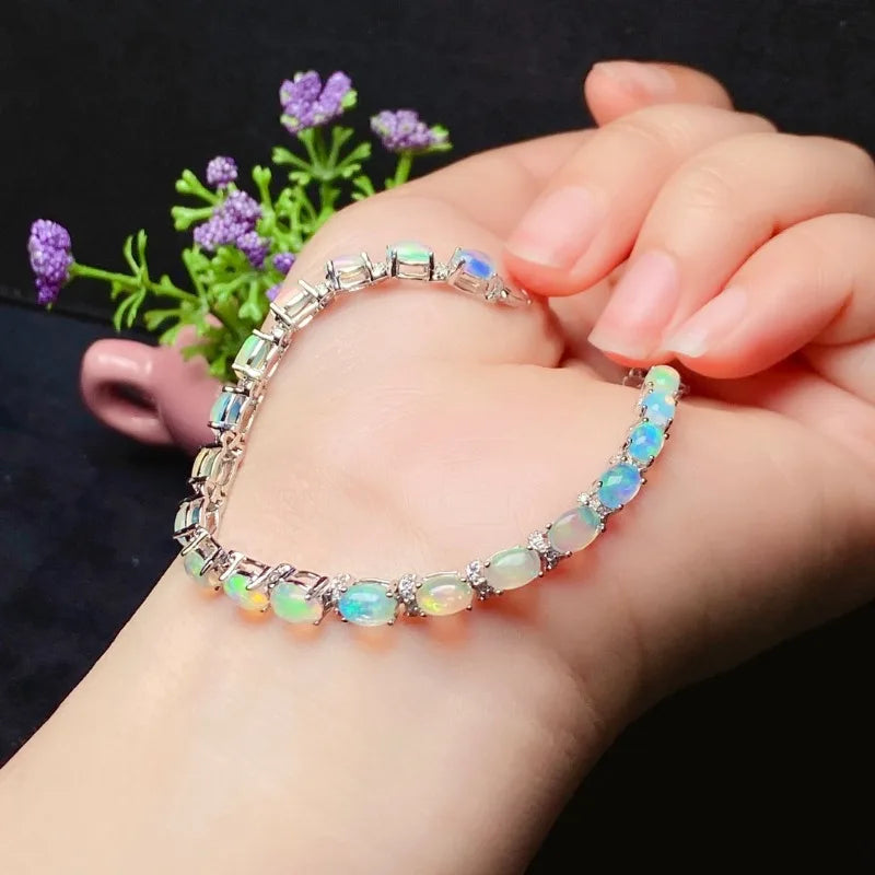 925 Silver Gold Plated Natural Opal Bracelet for Women