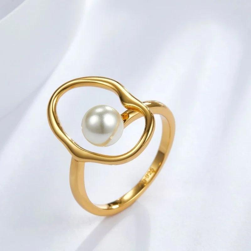 Sterling Silver Gold Plated Shell Pearl Ring for Women