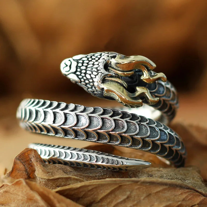 925 Sterling Silver Horned Snake Open Ring for Man Woman