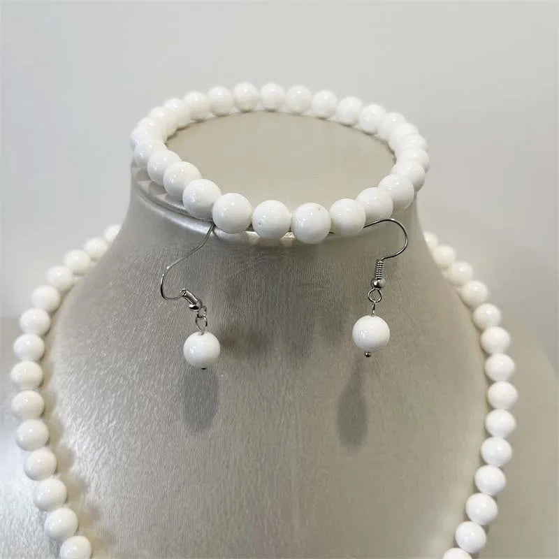 White Tridacna Pearl Jewelry Set Necklace Earring Bracelet Chain Choker for Women