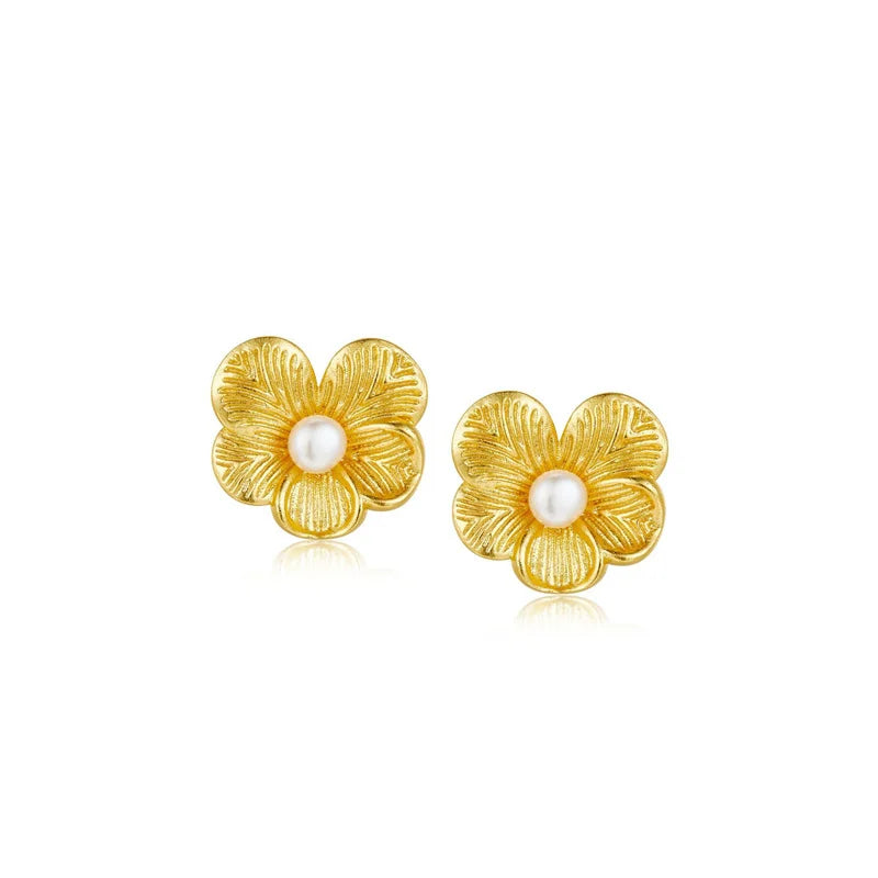 Sterling Silver Gold Plated Natural Freshwater Pearl Flower Earrings for Women