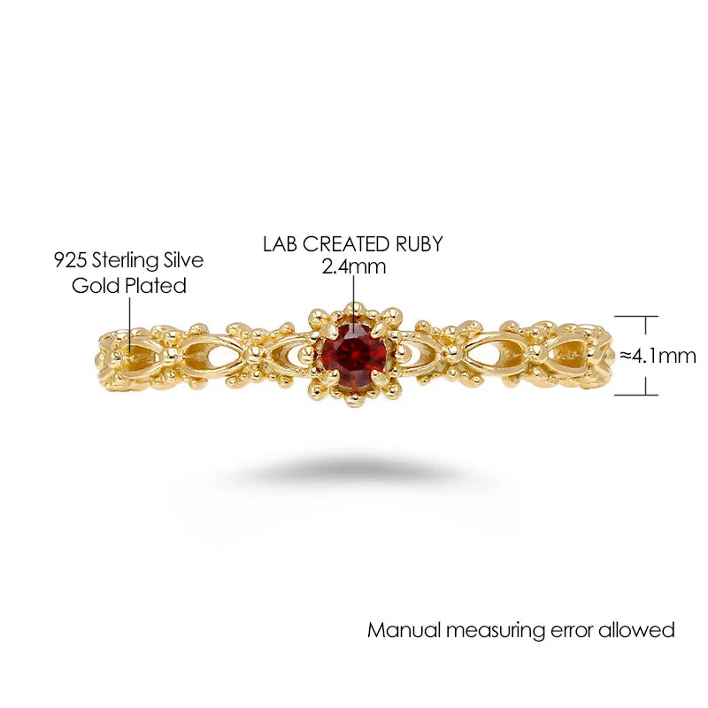 S925 Silver Gold Plated Lab Created Ruby Hollow Out Thin Engagement Ring for Women