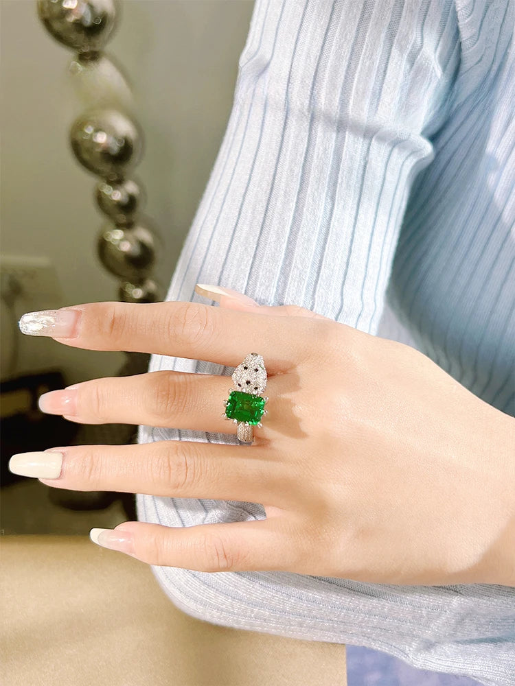 925 Sterling Silver Artificial Emerald and Diamond Leopard Ring Set for Women