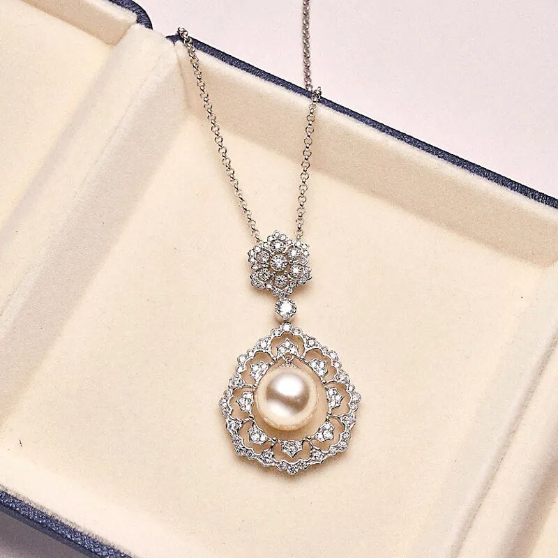 Sterling Silver White Gold Plated White Shell Pearl Pendant Necklace for Women