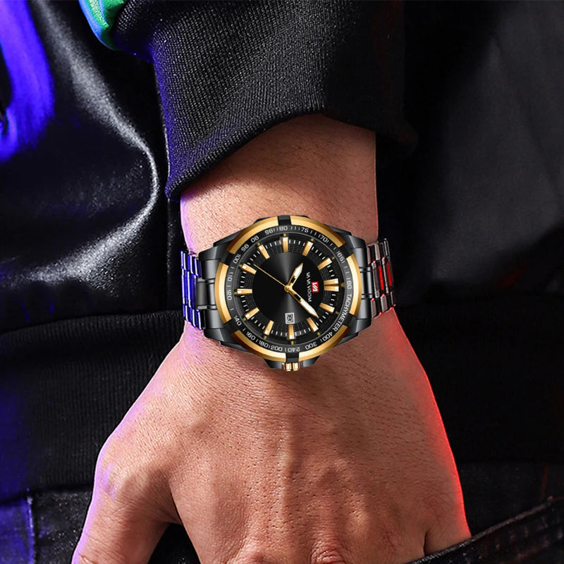 Gold Stainless Steel Black Luminous Quartz Watch for Men