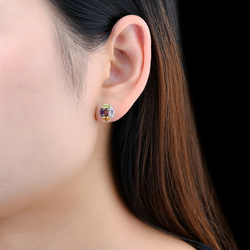 Sterling Silver 2.50 ctw Natural Multicolor Gemstone Stud Earrings for Women