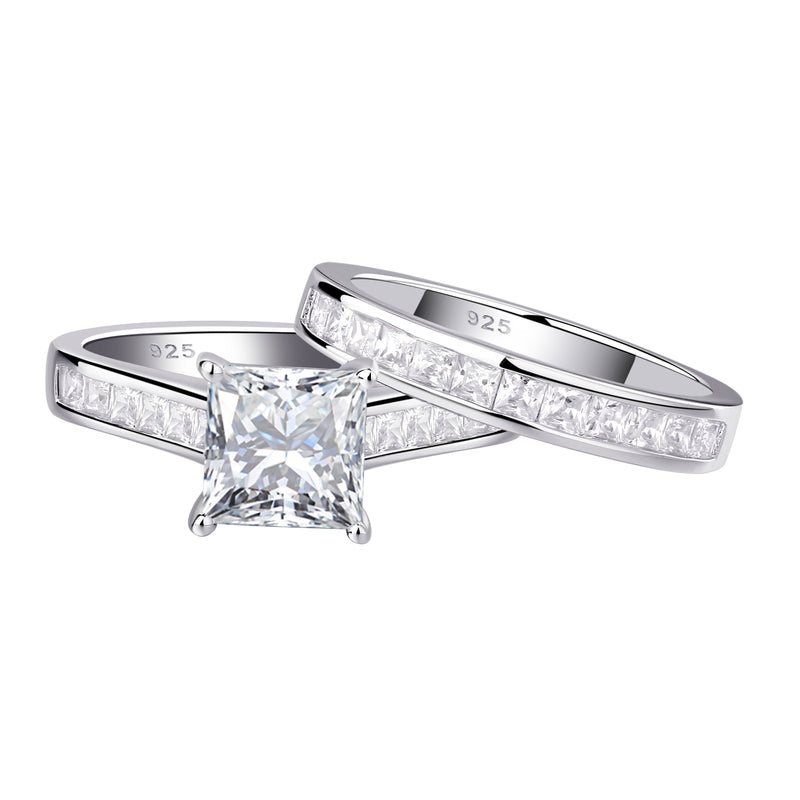 Sterling Silver Princess Cut Diamond Wedding Ring Set for Women