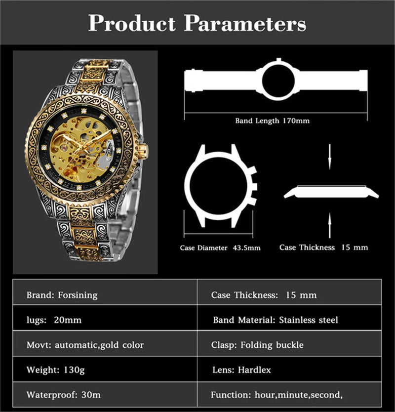 Stainless Steel Gold Automatic Mechanical Watch for Men