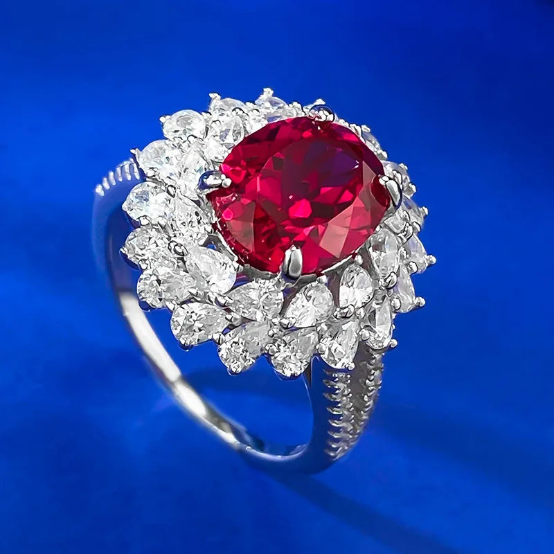 Sterling Silver Pigeon Blood Red Simulation Diamond Flower Cluster Ring for Women