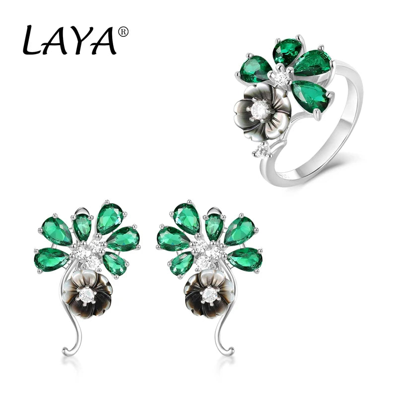 925 Sterling Silver Zircon Flower Drop Earrings and Ring Set for Women