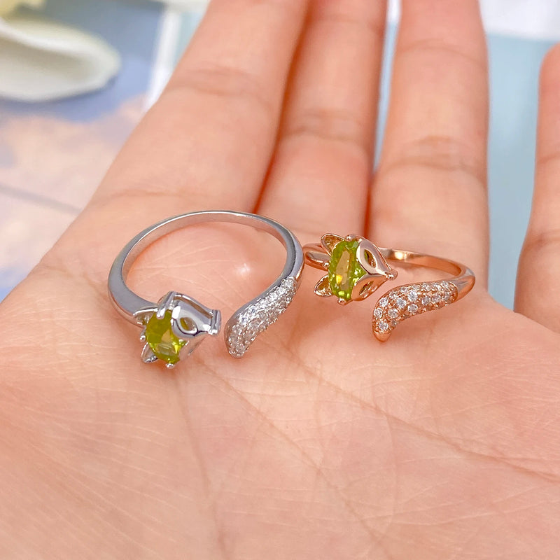 925 Sterling Silver Peridot CZ Gemstone Fox Animal Ring for Women